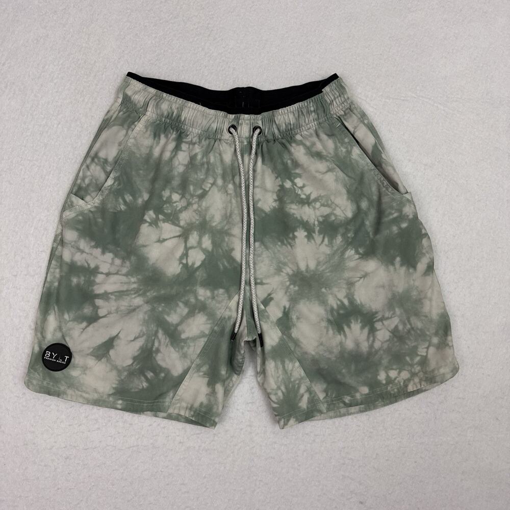 BYLT Active Shorts Mens Large Green Cloud Dye Lined Stretch Training Gym